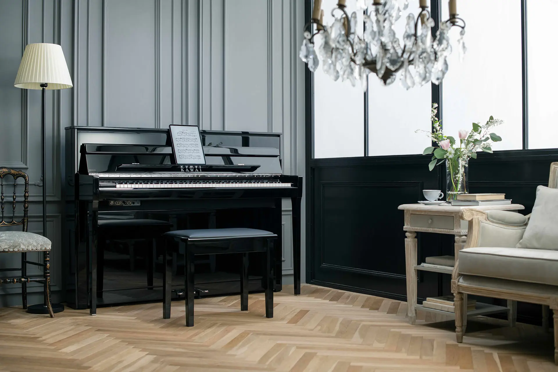 Kawai CA901 digital piano with bench in an elegant living room