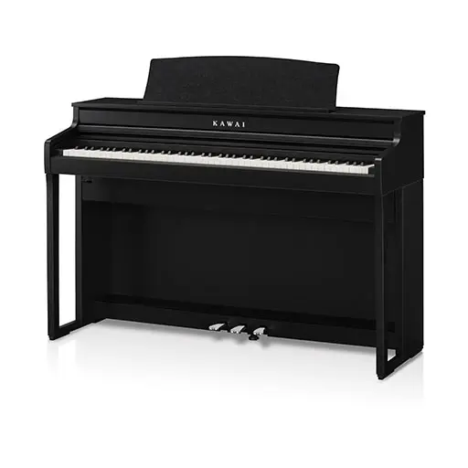 Matte-black piano with three pedals and a music rest