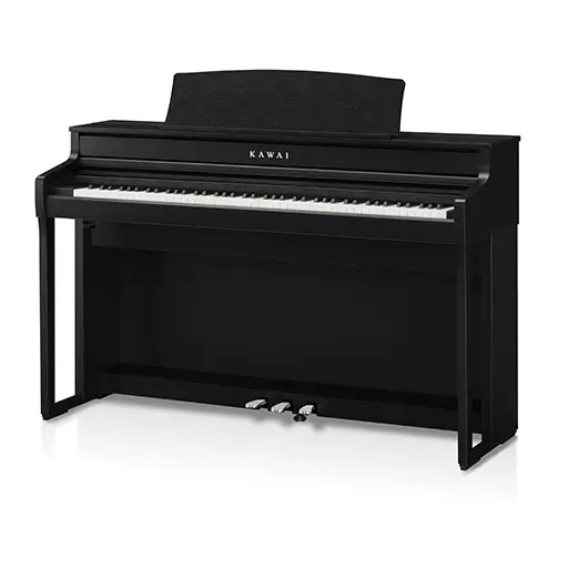 Matte-black piano with three pedals and a music rest