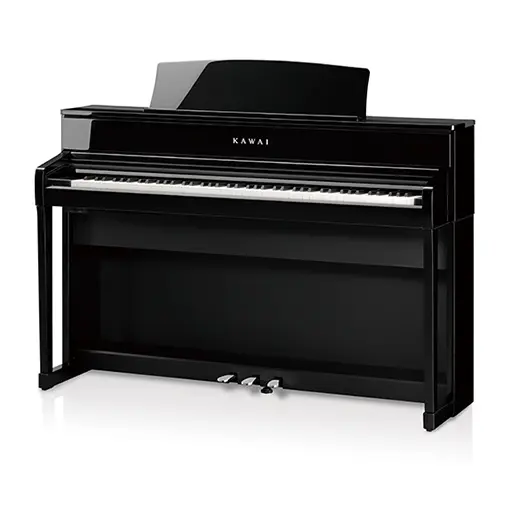 A black piano with three pedals and a music stand