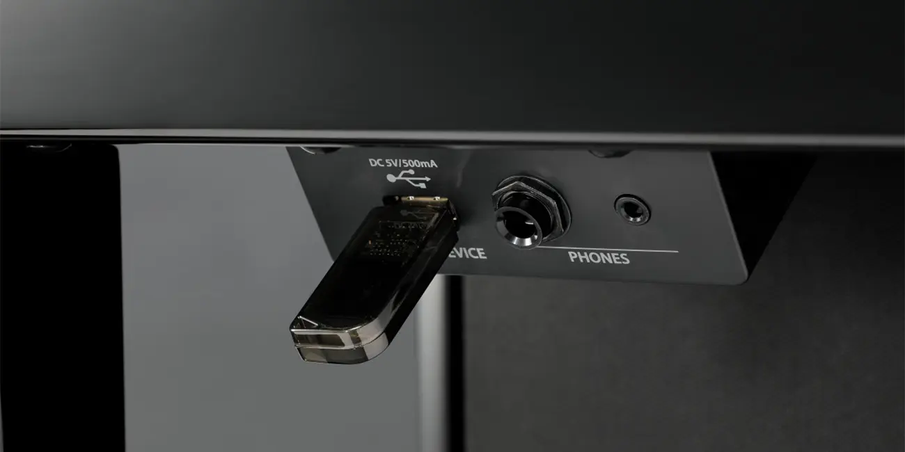 Kawai CA901 headphone jack and connection panel under the keyboard