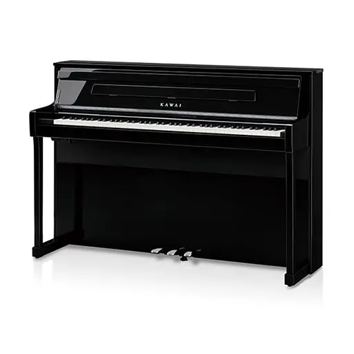 Black piano with three pedals and rounded corners