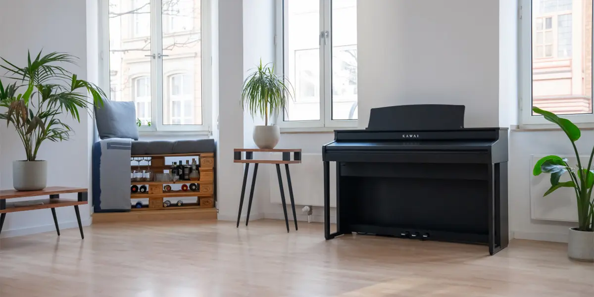 Kawai CA 401 digital piano in black in a bright living room