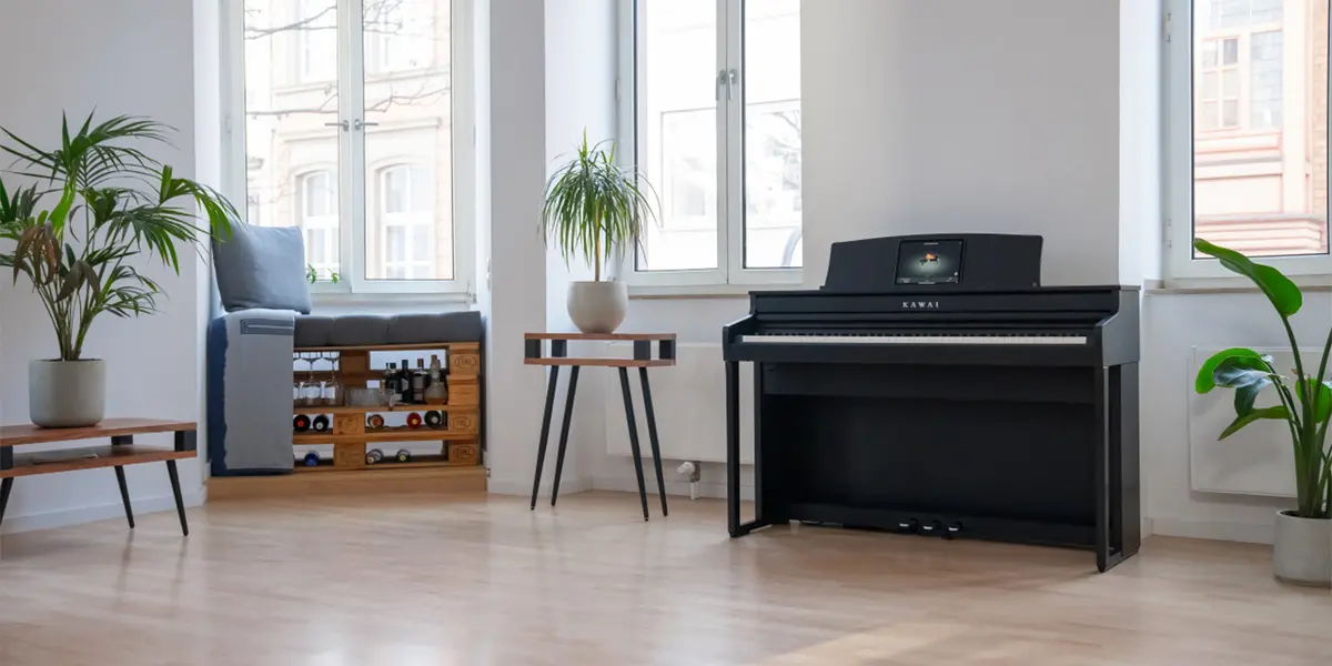 Kawai CA 401 digital piano in a bright living room with the music desk raised
