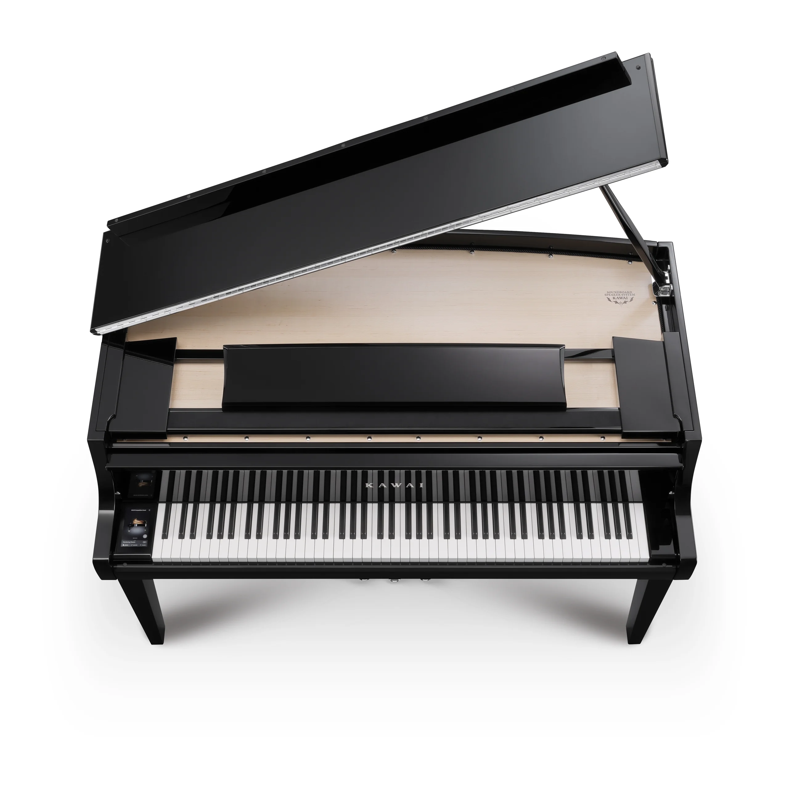 Kawai NOVUS NV12 von oben mit geöffnetem Deckel und seinem Holzresonanzboden