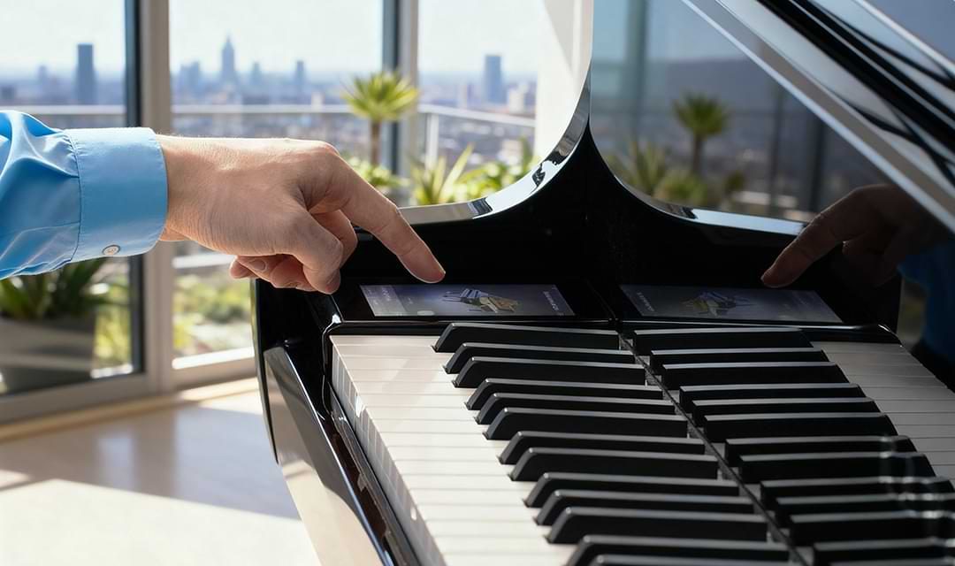Eine Hand greift zum Touchscreen eines Kawai NOVUS NV12