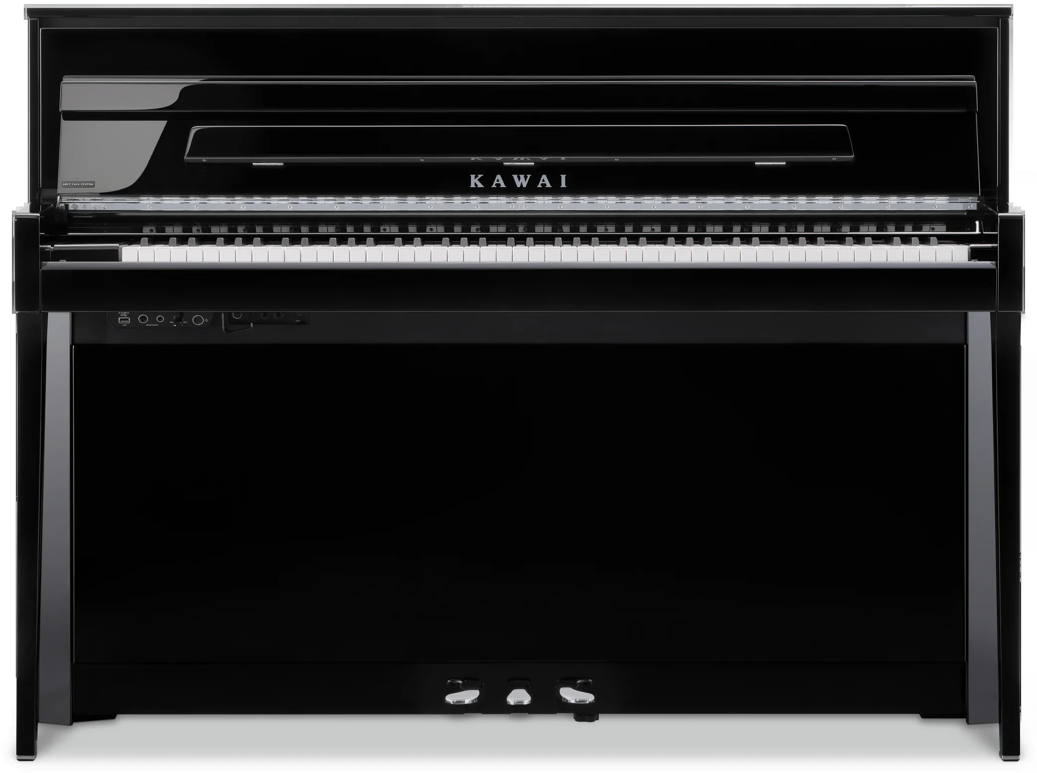 Kawai NOVUS NV6 upright-style hybrid digital piano in polished ebony, front view