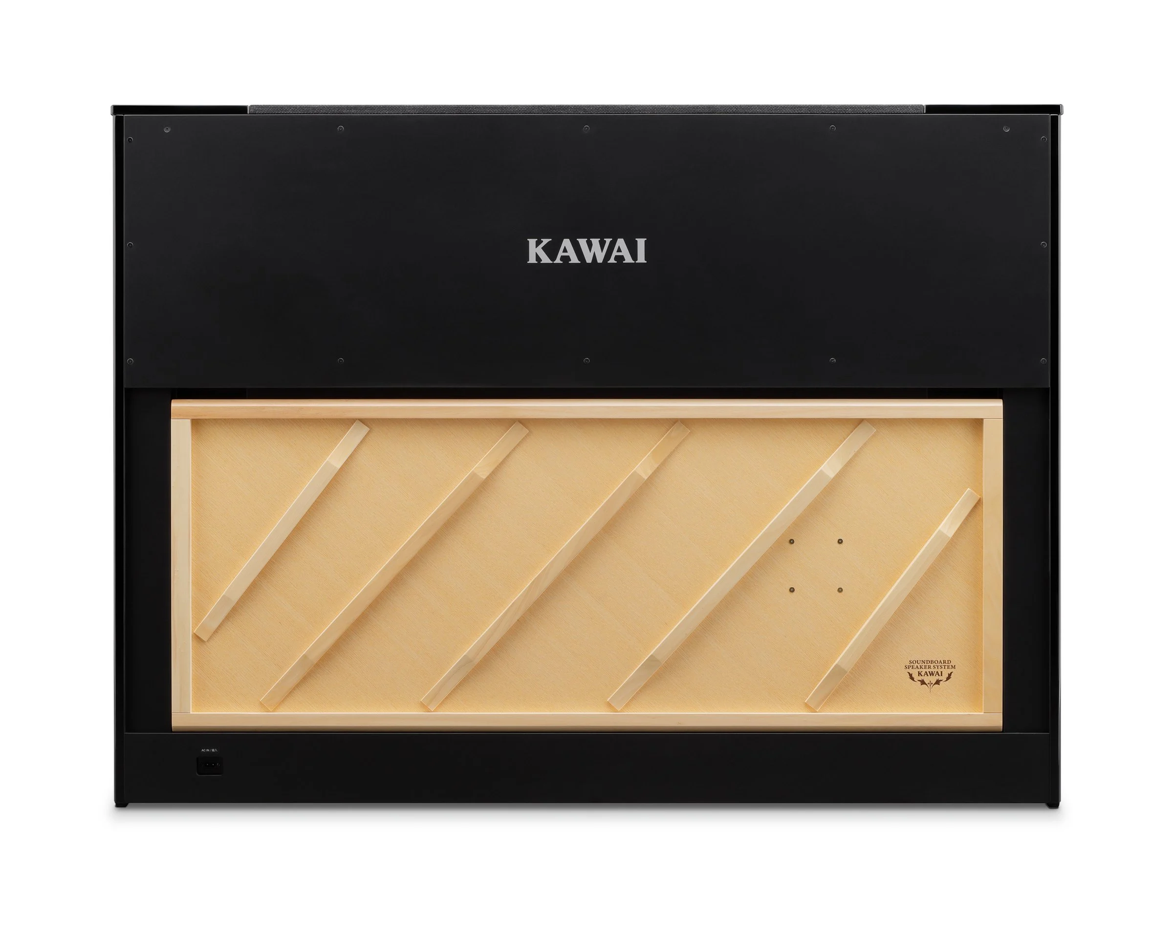 Wooden soundboard speaker system in the back of a Kawai NOVUS